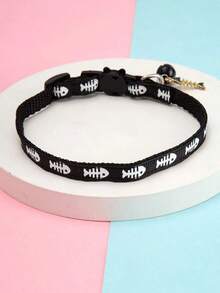 Fish Bone Pendant Pet Collar, Decorative Cat Collar With Buckle - Black and White - View 4