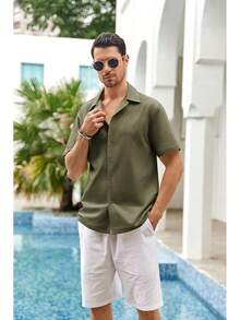 Mens Linen Button Down Shirts Short Sleeve Basic Cuban Regular Fit Wedding Summer Beach Tops - Army Green - View 10