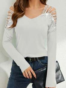 Women's Rhinestone Blouse - Sparkle V Neck Long Sleeve Top With Cutout Detail, Slim Fit Party T-Shirt, Evening Glam Tops For Clubbing  Date NightsWomens V Neck Tops Cutout Long Sleeve Rhinestone Slim Fit T-Shirts Sparkle Blouses - White - View 4
