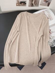 Women V-Neck Long Sleeve Slim Fit Knit Sweater For Fall/Winter, Simple Casual,Suitable For Daily, Commuting, Long Sleeve Tops - Milk Tea Color - View 7