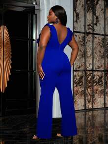 Faeriesty Dressalisa Plus Combinaison sans manches, design col V profond avec volants délicats sur les épaules - coupe slim jambes larges, met en valeur l'élégance moderne, convient pour les dîners de gala, les galas et les événements sociaux Top de gamme. Mariage Printemps Fête - bleu indigo - Voir 2
