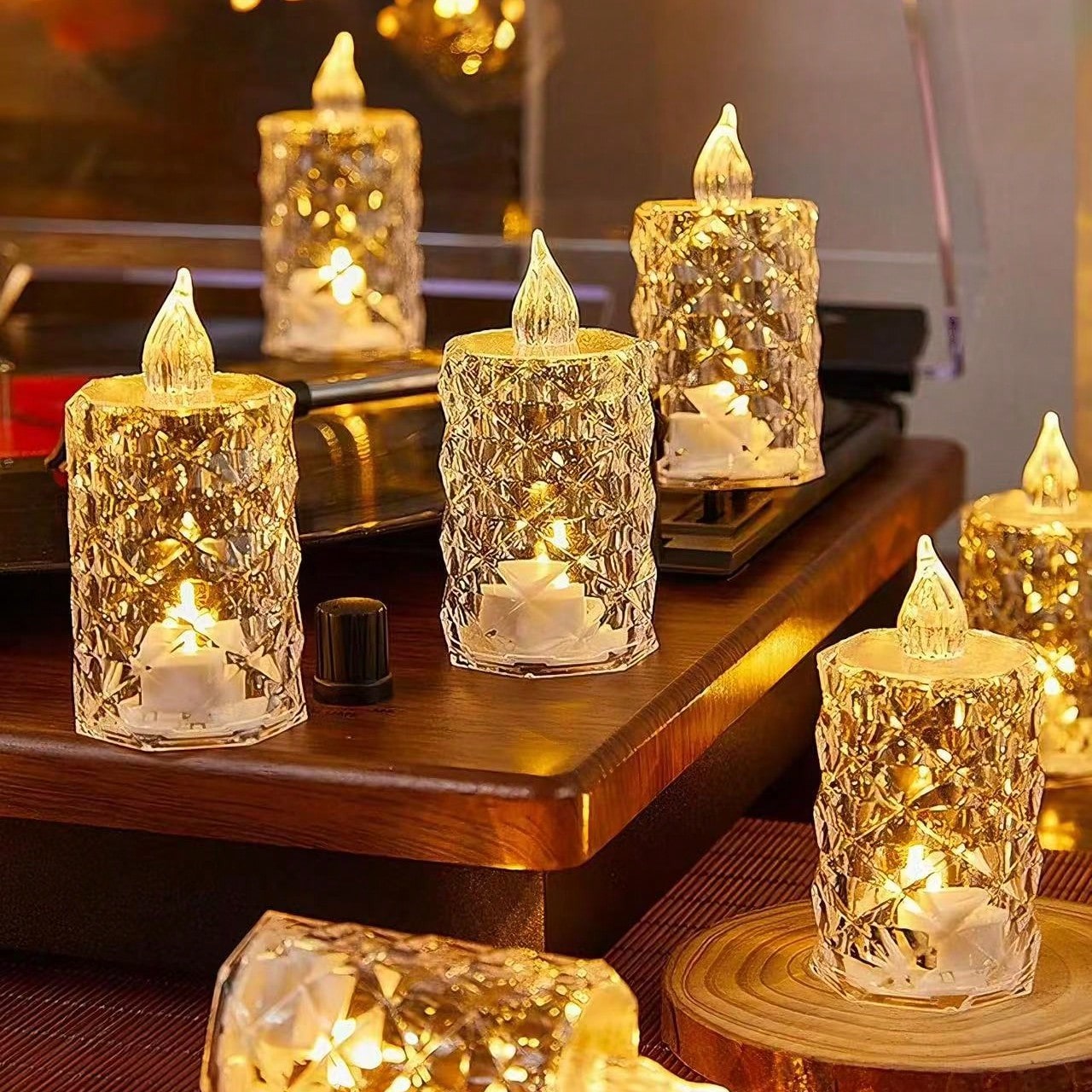 12pcs Diamond Pattern Transparent Fake Crystal LED Candles, Flameless Small Wax Candles, Suitable For Hotel Dining Table Decor, Wedding Atmosphere Candle Holders, Holiday Party Decoration Props, Outdoor Camping Atmosphere Lights, Christmas Decor, Home Decor, Bedroom Decor