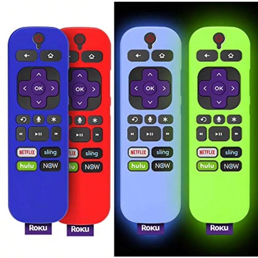 4Pack For 3600R Roku TV Stick Remote Case CoverTOLUOHU For Roku Remote Control Cover Roku Express Skin Sleeve Silicone Shockproof With Lanyardfor RCAL7R 3921 3800 3810Roku Remote Cover - 4件裝(輝藍+輝綠+深藍+紅色) - 查看 1