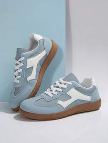 1 par de tênis casuais respiráveis com cadarço, sapatos brancos para adolescentes, adequados para primavera, verão e outono - Azul - Ver 3