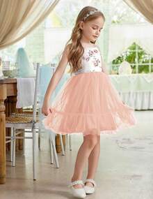 2025Toddler Girls Tulle Dress Rainbow Tutu Birthday Princess Dresses Formal Photo Shoot Outfit Summer Clothes 2-6T'Sprout Style' - 粉紅色花卉 - 查看 3