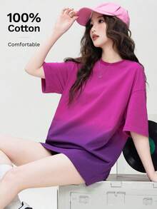 Camiseta de algodón con cuello redondo y estampado de degradado lavado para mujeres