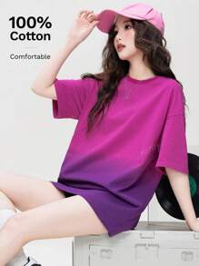 Washed Gradient Print Round Neck Cotton T-Shirt For Women