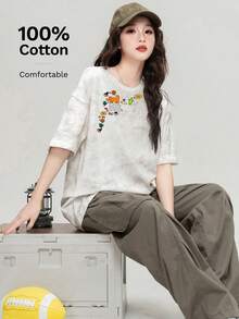 全新时尚休闲百搭圆领短袖女式棉质T恤 - 0A11米白色-YH880 - 查看 3