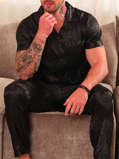 Conjunto de pijama masculino de 2 peças, manga curta e calça comprida, listrado e estampado de oncinha, primavera/outono/verão