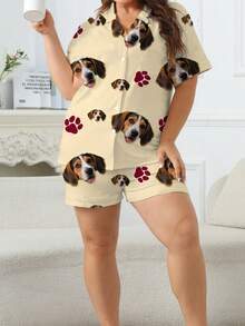 Conjunto de pijama de verano para mujer talla grande, short de manga corta con cuello polo, estampado personalizado de pata de mascota, ropa de estar en casa casual