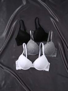 3 Stück mehrfarbige sexy Spitzen-BHs im Pfirsich-Mädchen-Stil, bequeme Unterbügel-Push-up-BHs für Frauen - Verschiedenfarbig - Übersicht 3