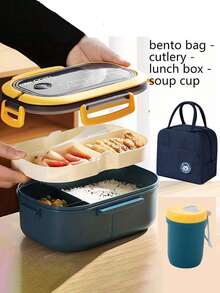 1pc/Set Solid Color Plastic PP Bento Box With Lid & Utensils, Reusable Portable Divided Lunch Box, Insulated Food Storage Container, Suitable For School, Office, Outdoor, Party, Working