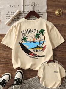A Casual Printed Round Neck Pullover Short Sleeved T-Shirt For Boys And Young Students In Summer - Sail Coconut Tree Seaside Colorful T-Shirt Brings Joy And Happiness To Every Child!Kids Clothes Boys Graphic Tees