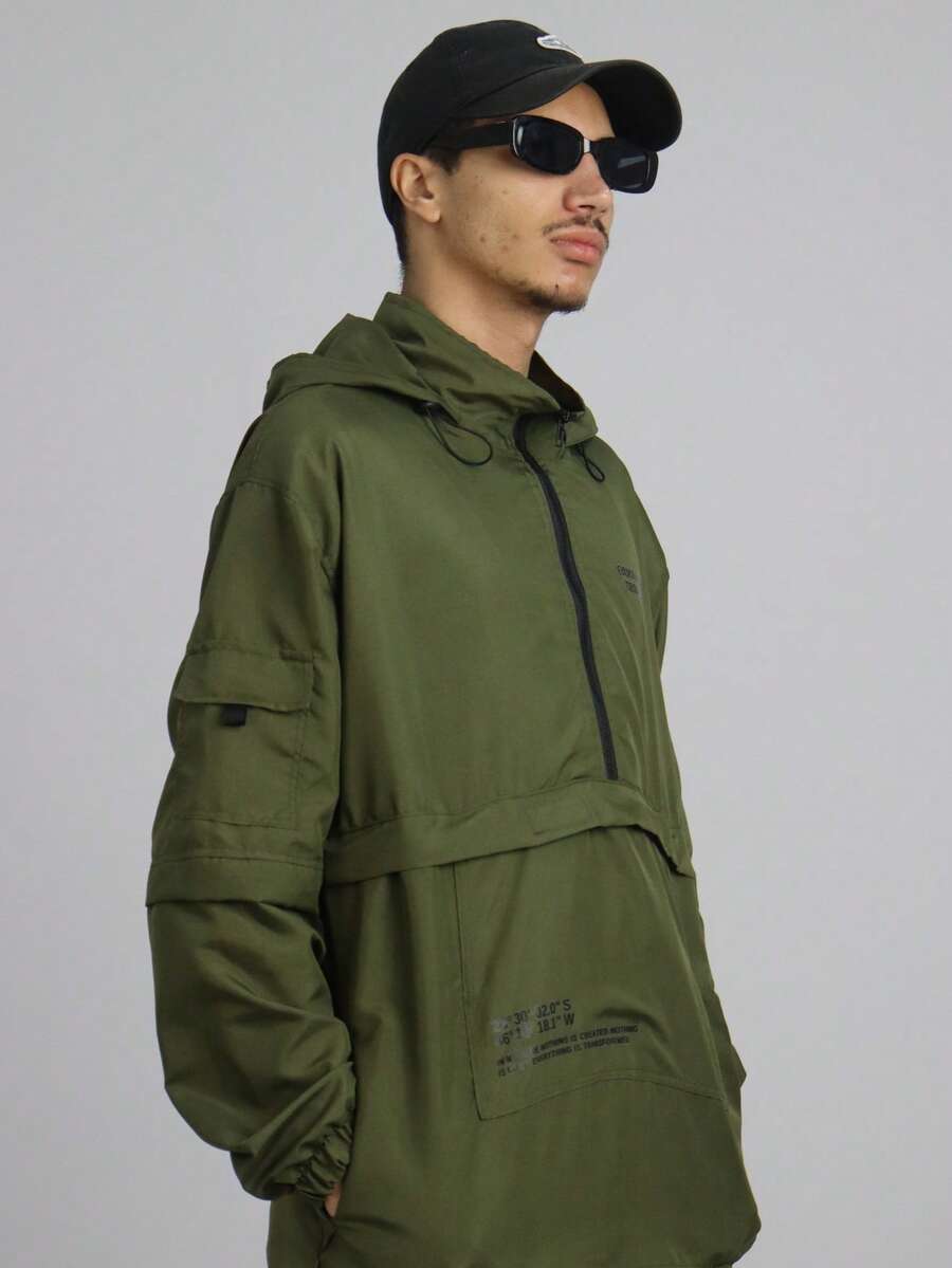Urban Chameleon JAQUETA CORTA VENTO ANORAK CAMALEÃO URBANO CAPUZ   Outono  Primavera    Oversized    Nó  Zíper    masculino - verde musgo - Visão 1