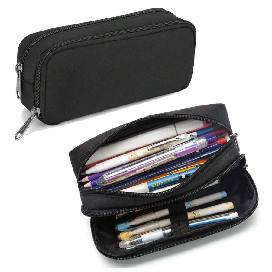 1个大容量铅笔盒，双层隔层铅笔袋，男女通用，黑色多功能文具收纳袋，适用于学校和办公室，可存放学习用品，返校必备 - 彩色 - 查看 1