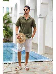 Mens Linen Button Down Shirts Short Sleeve Basic Cuban Regular Fit Wedding Summer Beach Tops - Army Green - View 5