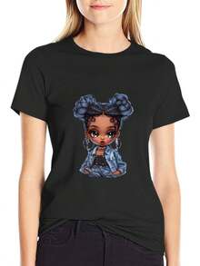 Camiseta Casual Gráfica para Mujer - Ajuste Holgado con Manga Corta y Diseño de Retrato Elegante, Perfecta para Salidas de Primavera/Verano - Negro - Ver 2