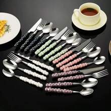 4 أو 16 قطعة مجموعة أدوات مائدة من الفولاذ المقاوم للصدأ والسيراميك حنفية غربية ، شوكة ، ملعقة ، متعددة الألوان، لوازم مدرسية