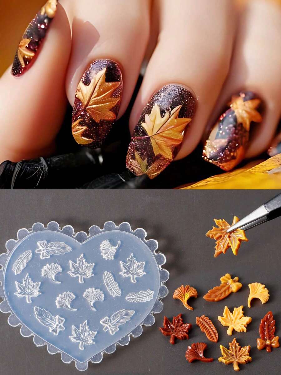 1 pieza Molde de silicona con relieve 5D en forma de hoja de arce y hoja de ginkgo, plantilla de uñas con hojas de otoño lindas, herramienta de moldes para uñas, suministros de uñas, herramientas de uñas, herramientas de arte de uñas, de vuelta a la escuela, uñas, herramientas de uñas para uñas postizas