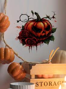 1pc Halloween Novelty Wall Decal, Creepy Pumpkin & Dark Rose Floral Vine Background Wallpaper Sticker, Self-Adhesive Decor For Bedroom, Living Room, Corridor, Entryway, Kitchen, Bathroom, Festive Home Decor Halloween Decor Fall Decor Room Decor Autumn Decor