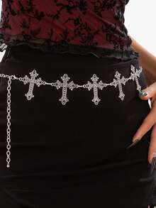 1pc Vintage Gothic Halloween Dark Cross Skull Waist Chain - Silver - View 3