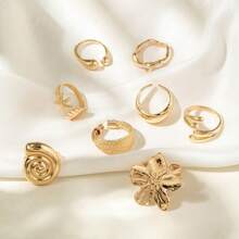 8pcs/Pack Asymmetrical Flower & Geometric Shape Fashion Ring Set, Multilayer Stacking Rings