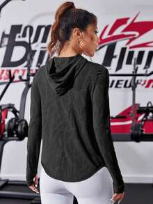 2025 秋季时尚长袖运动衫，抽绳连帽提花插肩休闲针织舒适宽松套头衫弧形下摆户外瑜伽健身 - 黑色 - 查看 2