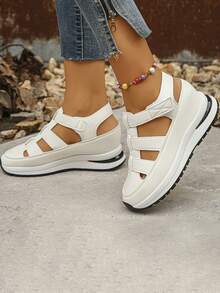 2025 Summer And Autumn Hot Selling Women's Wedge Heel Platform Sandals With Letter Print And Color-Contrast Design, Very Textured Upper. Casual And Versatile For Commuters And Outings. A Must-Have Sandal For Fall Outfits. - White - View 5