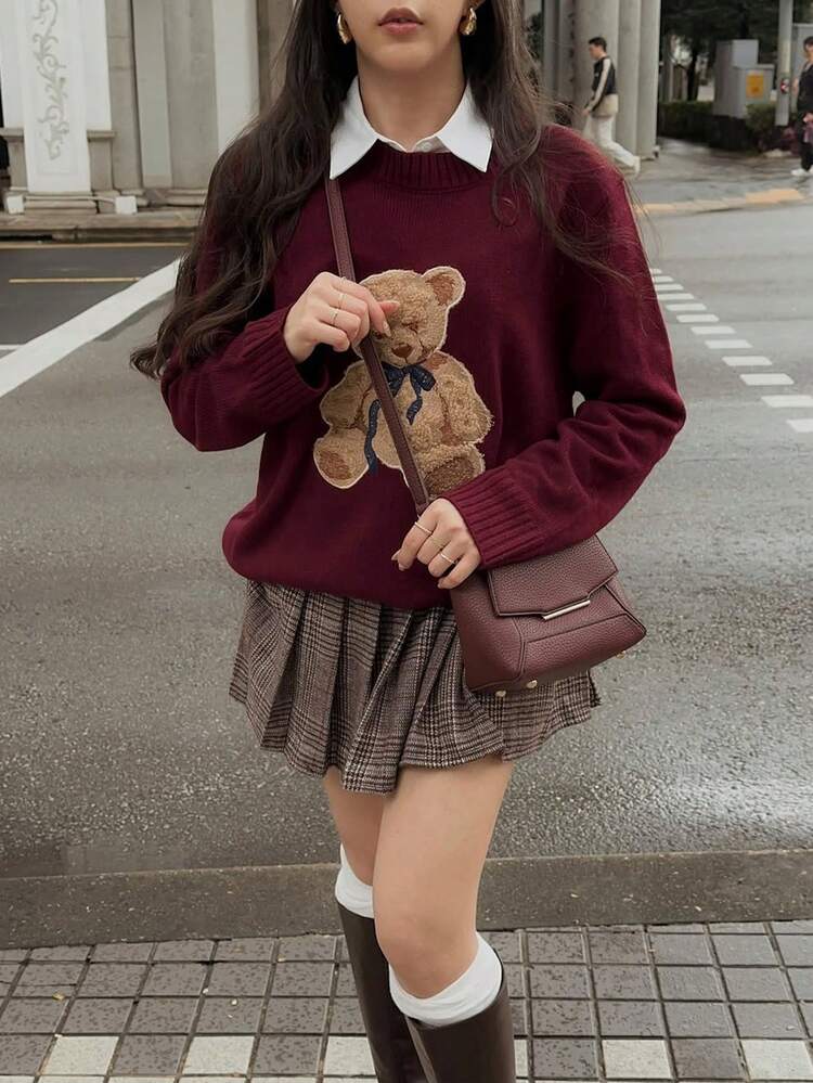 Suéter de punto de cuello redondo de manga larga con estampado de oso de dibujos animados para mujer, atuendos de otoño para mujer, ropa de vuelta al colegio, atuendos de concierto para mujer, blusas para salir para mujer, ropa urbana para mujer, atuendo d