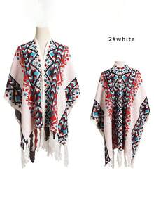 قطعة واحدة من الشال المطرز بأسلوب بوهيمي طويل للنساء، وشاح، بونشو، وشاح - أبيض - مشاهدة 12