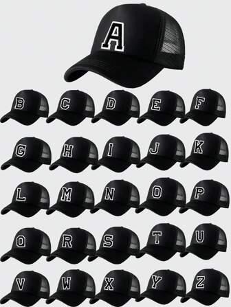 1 件字母 A-Z 男士黑色网眼海绵垫高度硬顶情侣女士时尚棒球帽新款设计休闲街头百搭防晒遮阳帽透气吸汗户外运动帽节日礼物
