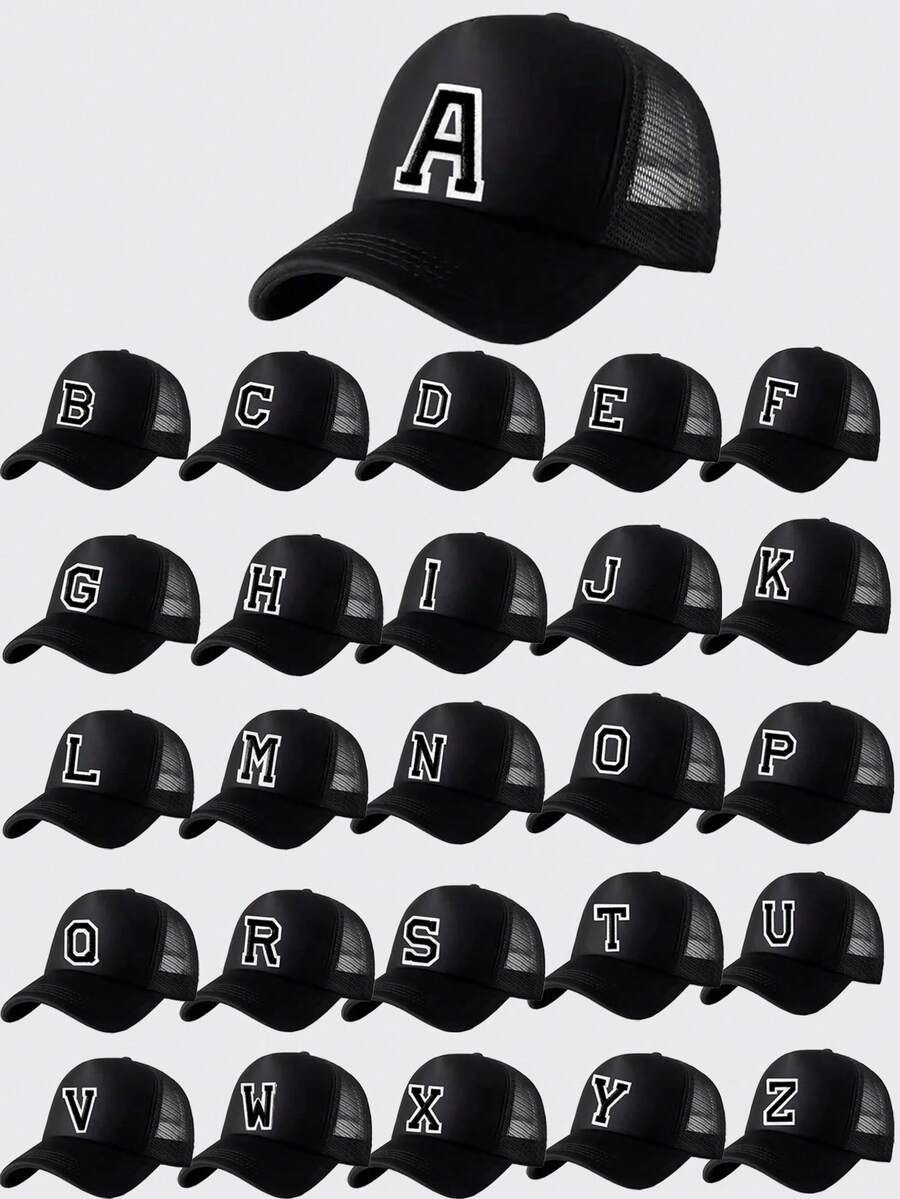 1顶A-Z字母男女通用黑色网眼海绵加厚高顶棒球帽，时尚情侣棒球帽，多功能防晒透气运动帽，节日礼物 - 黑色 - 查看 1