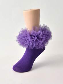 1 双女童褶皱袜子，蓬松褶皱婴儿公主袜 - 紫色 - 查看 3