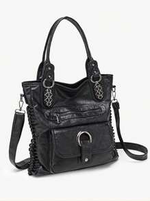 Ladies' Fashionable Retro Casual Cool Handbag, Personalized Y2K Spicy Girl Motorcycle Bag, Street Style Washed Plain Leather Imitation Leather City Bag, Suitable For Work, Commuting, Dating, Party Large Capacity Multi Pocket Single Shoulder Crossbody Bag, Black