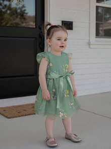 Girls Floral Embroidered Dress Toddler Fly Sleeve Princess Dress Birthday Wedding Pageant Party Dresses - Army Green - View 4