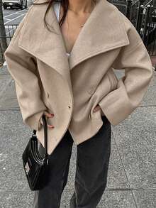 1pc Solid Color Thick Wool Blend Pocket Double Breasted Zipper Women Coat, Casual Autumn/Winter