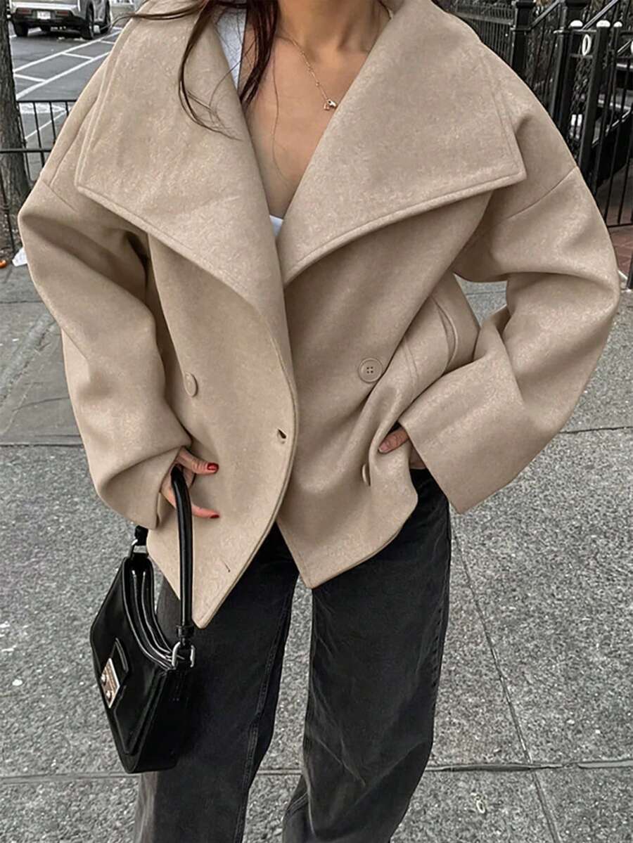 1pc Solid Color Thick Wool Blend Pocket Double Breasted Zipper Women Coat, Casual Autumn/Winter