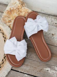 女士平底人字拖凉鞋，蝴蝶结装饰，优雅舒适的夏季平底沙滩拖鞋 - 白色蝴蝶結一字拖 - 查看 6