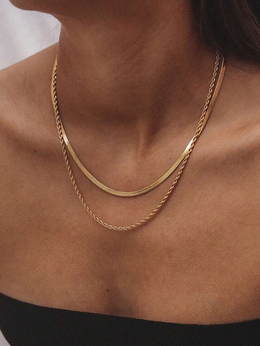 1 件朋克风格复古扁平蛇链和扭链双层项链，优雅百搭，适合女性日常佩戴 - 金黃色 - 查看 1