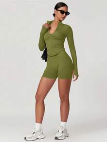 女士时尚立领拉链长袖瑜伽外套，紧身柔软，适合瑜伽服、户外健身运动，秋季健身锻炼必备