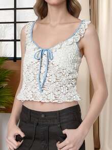 Women's Lace Cropped Camisole Ruffled Sweetheart Neck Slim Fit Tank Tops For Summer Streetwear