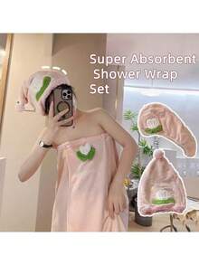 1pc/2pcs/3pcs Coral Fleece Wearable Bathrobe, Towel, Hair Drying Cap, Princess Hat, Towel Set, Tulip Embroidery Bathrobe Set