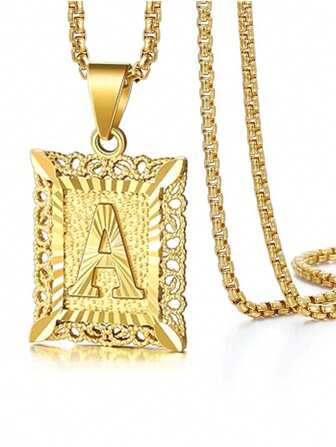 1 قطعة من المجوهرات الأنيقة للرجال والنساء - قلادة سلسلة بتعليقة مربعة مجوفة بحرف 26، هدية للأزواج أو للحفلات