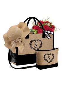 3 件套女士沙滩托特包套装（带肩带），包含女士沙滩帽和化妆包、玫瑰心形花环字母 A-Z、带侧袋的个性化礼品袋、带围巾的沙滩包、女士卡其色波浪沙滩遮阳帽，适合春夏海滩度假和户外婚礼、生日、节日 - 卡其色 - 查看 26