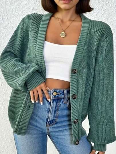 Damen Langarm einfarbiger, lässiger, locker fallender, minimalistischer gestrickter Cardigan Pullover für den Alltag