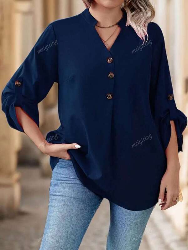 Nowa elegancka, damska koszula w jednolitym kolorze, plus size, z mankietami i mankietami na guziki, na co dzień