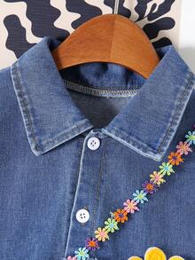 [乡村风] 小女孩秋季翻领衬衫裙，荷叶边下摆牛仔背带裙 - 藍色 - 查看 3