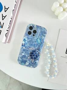 海龟与海洋全息奶油纹理波浪边透明手链支架科技彩绘穿孔极简防摔加厚手机保护壳，兼容 16/16 Pro Max、 15 XR/7/8、 15 Pro Max、12 Pro Max、13 Pro Max、14 Pro Max、13、14、11、12、14、P11 软壳、P12 防摔、XS、XR、7/8 P、7/8 GES2、红米手机