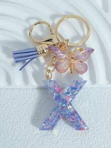 Sparkling Purple Mixed Snowflake Sequins, 26 Capital English Letters, Paired With Golden Patterned Butterflies And Purple Leather Tassels, 18kc Gold Lobster Buckle Flat Ring Chain Three Pieces Keychain Set, Suitable For Luggage Hanging Accessories, Car Hanging Accessories, Key Hanging Accessories, Mobile Phone Hanging Accessories, Clothing Hanging Accessories, As A Birthday Gift For Friends, Couples, And Mothers, Suitable For Both Men And Women - Purple - View 22