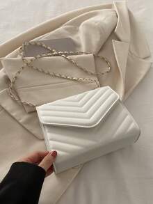 Túi đeo vai vuông Metal V Decor, Túi đeo vai dạ hội có nắp xích chần bông có dây xích có thể tháo rời, Túi xách & ví da PU màu trơn mới, Túi đeo chéo nhẹ khi đi làm, Túi mua sắm đi làm, Túi đeo chéo đựng điện thoại xu thông thường - trắng - Xem 7